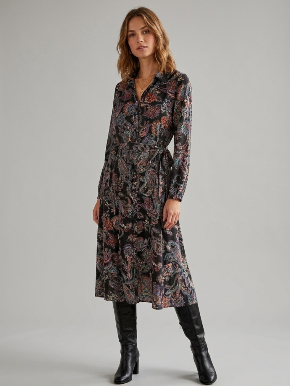 Harlow & Rose Paisley Midi Shirt Dress Medium M Black Multi Long Sleeve